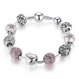 Antique Silver Charm Love and Flower Beads Bracelet Bangle Women Wedding Jewelry Antique Silver Charm Love and Flower Beads Bracelet Bangle Women Wedding Jewelry