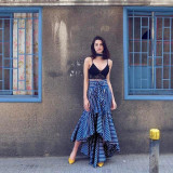 Vintage Irregular Ruffle Blue Striped High Waist Bow Tie Long Skirt