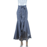 Vintage Irregular Ruffle Blue Striped High Waist Bow Tie Long Skirt
