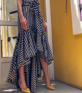 Vintage Irregular Ruffle Blue Striped High Waist Bow Tie Long Skirt