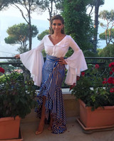 Vintage Irregular Ruffle Blue Striped High Waist Bow Tie Long Skirt