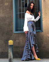 Vintage Irregular Ruffle Blue Striped High Waist Bow Tie Long Skirt