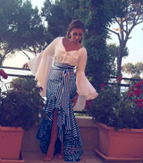 Vintage Irregular Ruffle Blue Striped High Waist Bow Tie Long Skirt
