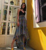 Vintage Irregular Ruffle Blue Striped High Waist Bow Tie Long Skirt