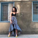 Vintage Irregular Ruffle Blue Striped High Waist Bow Tie Long Skirt