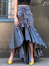 Vintage Irregular Ruffle Blue Striped High Waist Bow Tie Long Skirt
