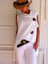 Casual Irregular Buttons Sleeveless Solid Color T-Shirts Tops