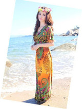 Bohemia Floral-Printed Short Sleeve V Neck Waisted Beach Long Dress