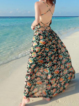 Chiffon Floral Print Backless Boho Beach Maxi Long Dress
