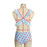 Blue Deep V Ruffled Floral Print Ins Style One Piece Swimsuit