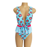 Ruffled Waist Print V-neck Bow Ins Style One Piece Swimsuit