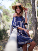 Off the Shoulder Blue Pattern Mini Bohemia Beach Dress