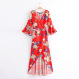 2018 New Arrival V-neck flared sleeve print dress holiday Bohemia dress