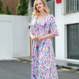 Elegant Printed V Neck Batwing Sleeve High Waist Maxi Long Dress