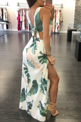 Sexy Printed V Neck Sleeveless Backless Split Maxi Dress