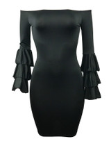 Sexy Off Shoulder Trumpet Sleeve Solid Color Bodycon Mini Dress
