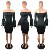 Sexy Off Shoulder Trumpet Sleeve Solid Color Bodycon Mini Dress
