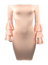 Sexy Off Shoulder Trumpet Sleeve Solid Color Bodycon Mini Dress