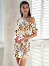 Floral Print Off Shoulder Short Sleeve Backless Bodycon Mini Dress