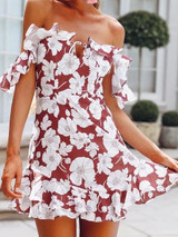 Flower Off Shoulder Backless Beach Mini Dress