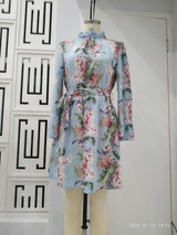 Flower Printed Long Sleeve Backless Belted Mini Dress