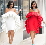 Sexy Off Shoulder Ruffle Solid Color Bodycon Mini Dress