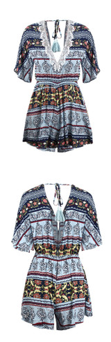 Print Deep V Neck Short Sleeve High Waist Jumpsuit Rompers