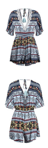 Print Deep V Neck Short Sleeve High Waist Jumpsuit Rompers