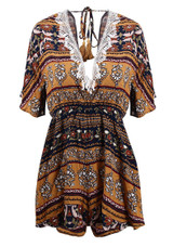 Print Deep V Neck Short Sleeve High Waist Jumpsuit Rompers