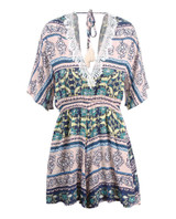 Print Deep V Neck Short Sleeve High Waist Jumpsuit Rompers