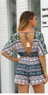 Print Deep V Neck Short Sleeve High Waist Jumpsuit Rompers