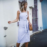 Stripe Button Backless Belted Dress