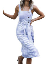 Stripe Button Backless Belted Dress