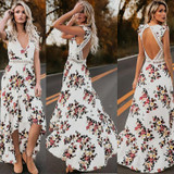 Sexy dress sleeveless V-neck print irregular long dress