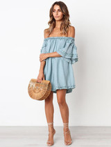 Off Shoulder Pleated Solid Color Mini Dress