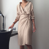 autumn v-neck long sleeve loose waist bandage large size temperament dress