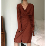 autumn v-neck long sleeve loose waist bandage large size temperament dress