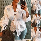 Women Casual Blouse Printed Button V Neck Shirt Long Sleeve Loose Bandage Tops