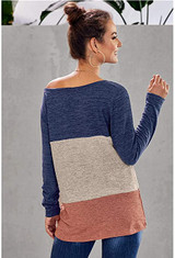 Women's Casual Color Block Crew Neck Top Loose Knot Side Shirts Blouses