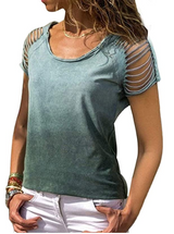 Women Short Sleeve Cut Out T-Shirt Top Casual Round Neck Cold Shoulder Gradient Blouse Tee