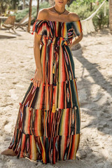 Off Shoulder Stripe Ruffled Print Long Dress