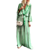 Print V Neck Long Sleeve Loose Casual Maxi Dress