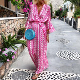 Print V Neck Long Sleeve Loose Casual Maxi Dress