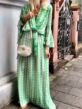 Print V Neck Long Sleeve Loose Casual Maxi Dress