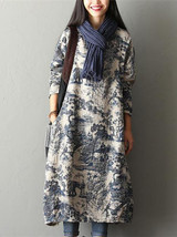 Print Loose Casual Pocket Linen Cotton Dress Print Loose Casual Pocket Linen Cotton Dress
