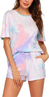 Womens Tie Dye Printed Pajamas Set Cotton Lounge Sets Short Sleeve Tops and Shorts 2 Piece Sleepwear Pj Sets