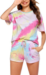 Womens Tie Dye Printed Pajamas Set Cotton Lounge Sets Short Sleeve Tops and Shorts 2 Piece Sleepwear Pj Sets