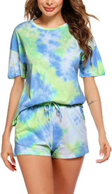 Womens Tie Dye Printed Pajamas Set Cotton Lounge Sets Short Sleeve Tops and Shorts 2 Piece Sleepwear Pj Sets