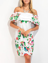 Printed Falbala Off Shoulder Midi Dress Printed Falbala Off Shoulder Midi Dress