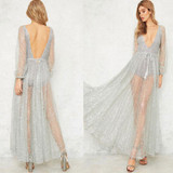 Sexy Deep V Sequin Perspective Long Sleeve Holiday Dress